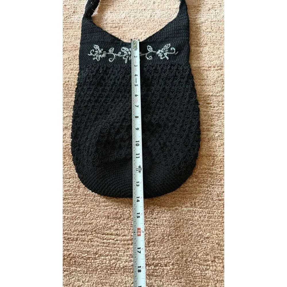 Black Crochet Shoulder Bag with Floral Embroidery